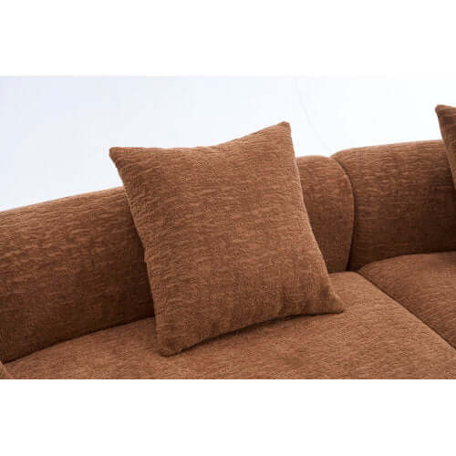Curved Compression Foam Sectional Sofa – 110” Modular Chenille Couch (Sleeper Style) with plush brown cushion.