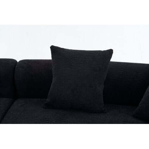 Curved Compression Foam Sectional Sofa – 110” Modular Chenille Couch (Sleeper Style) with plush black pillow.