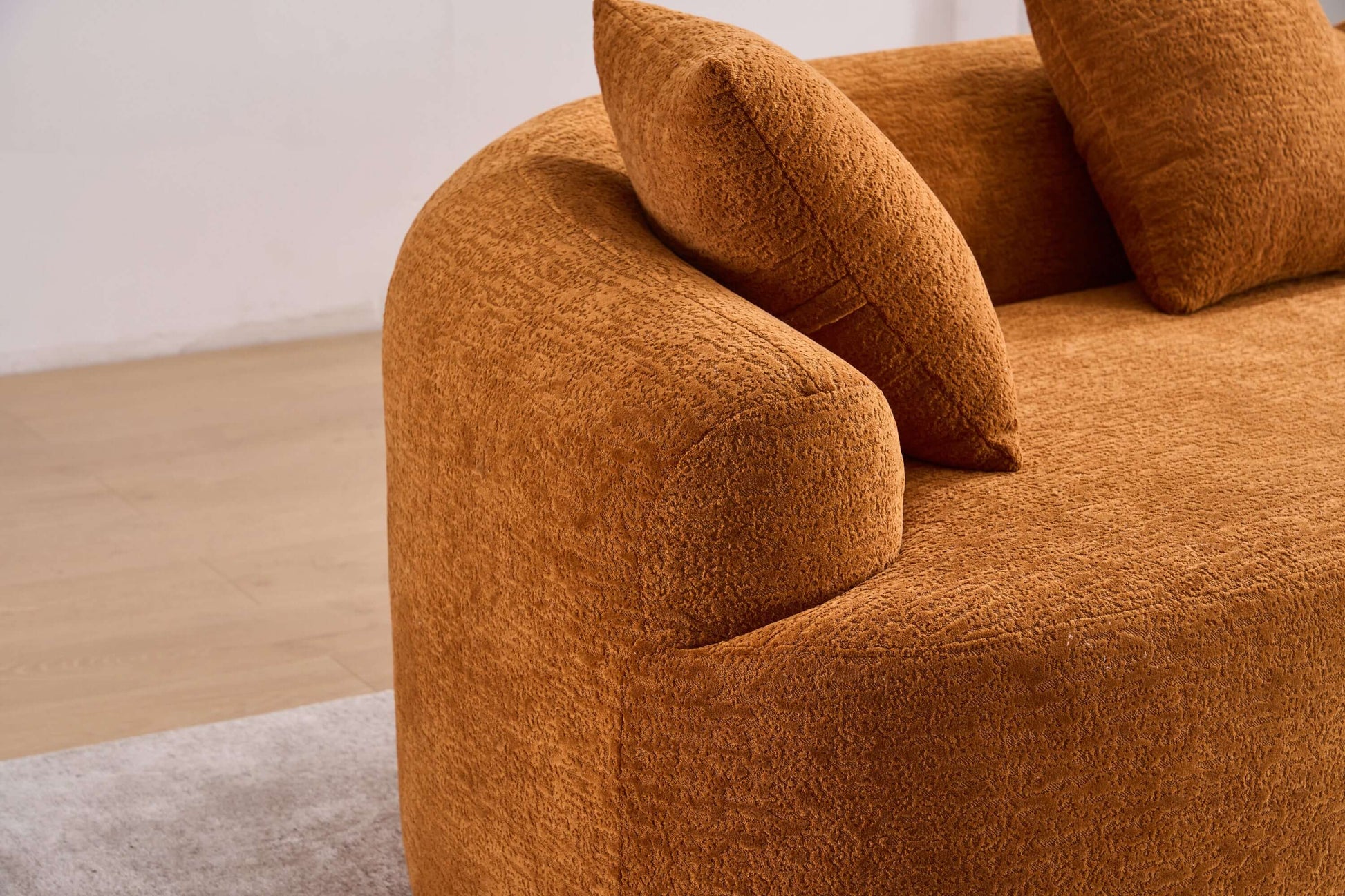Curved Compression Foam Sectional Sofa – 110” Modular Chenille Couch (Sleeper Style) in soft orange upholstery with plush comfort.