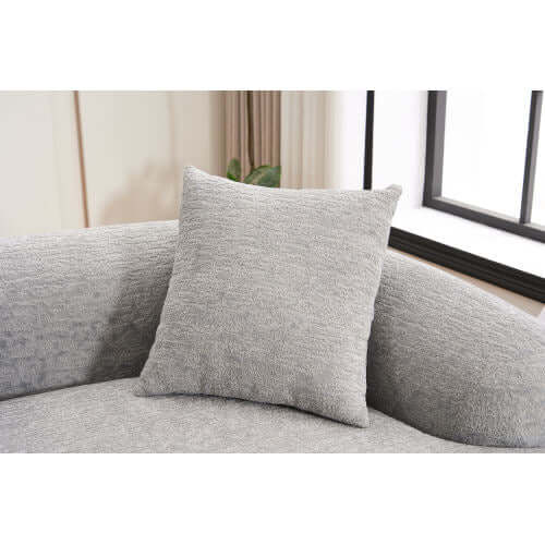 Curved Compression Foam Sectional Sofa – 110” Modular Chenille Couch (Sleeper Style) with soft gray pillow.