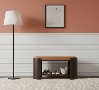 Arcus Solid Mango Wood Shoe Bench – 35.4" Handcrafted Entryway Bench with Shelves