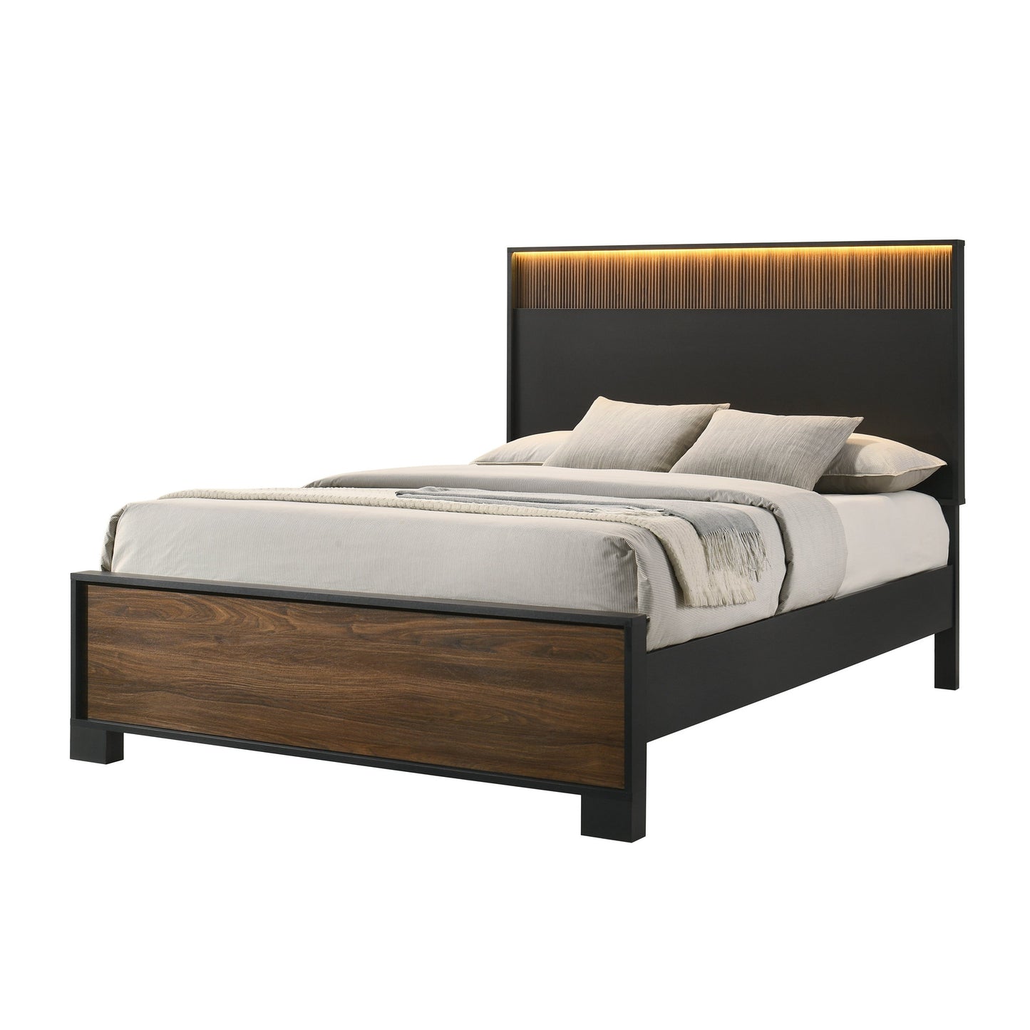 Tatum Brown Wood Queen Bed – 64.1" Contemporary Bed With Lighted Headboard & Black Accents