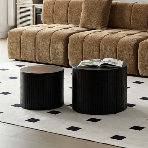 Handcrafted MDF Round Accent Table Set (2-Piece) – Nesting Side Tables with Storage (2 Colors) in a modern living room.