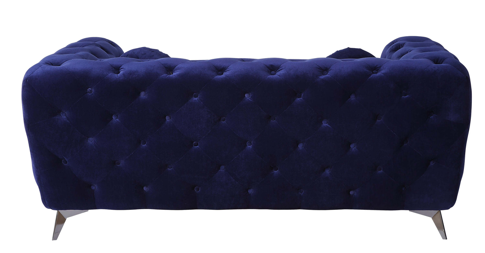 Atronia Luxe Deco Blue Velvet Sofa Loveseat 72" back view showcasing button tufting and high-shelter arms.