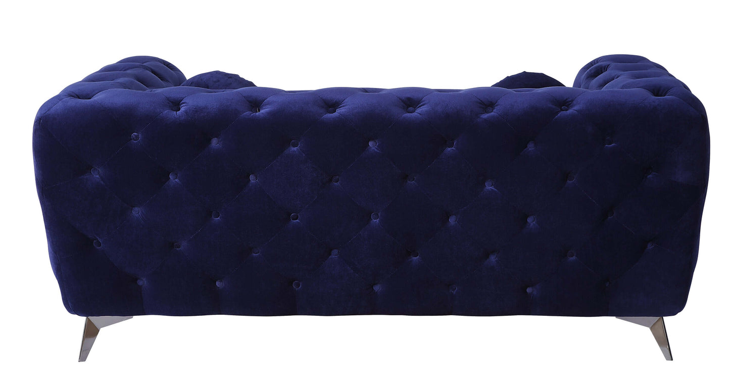 Atronia Luxe Deco Blue Velvet Sofa Loveseat 72" back view showcasing button tufting and high-shelter arms.
