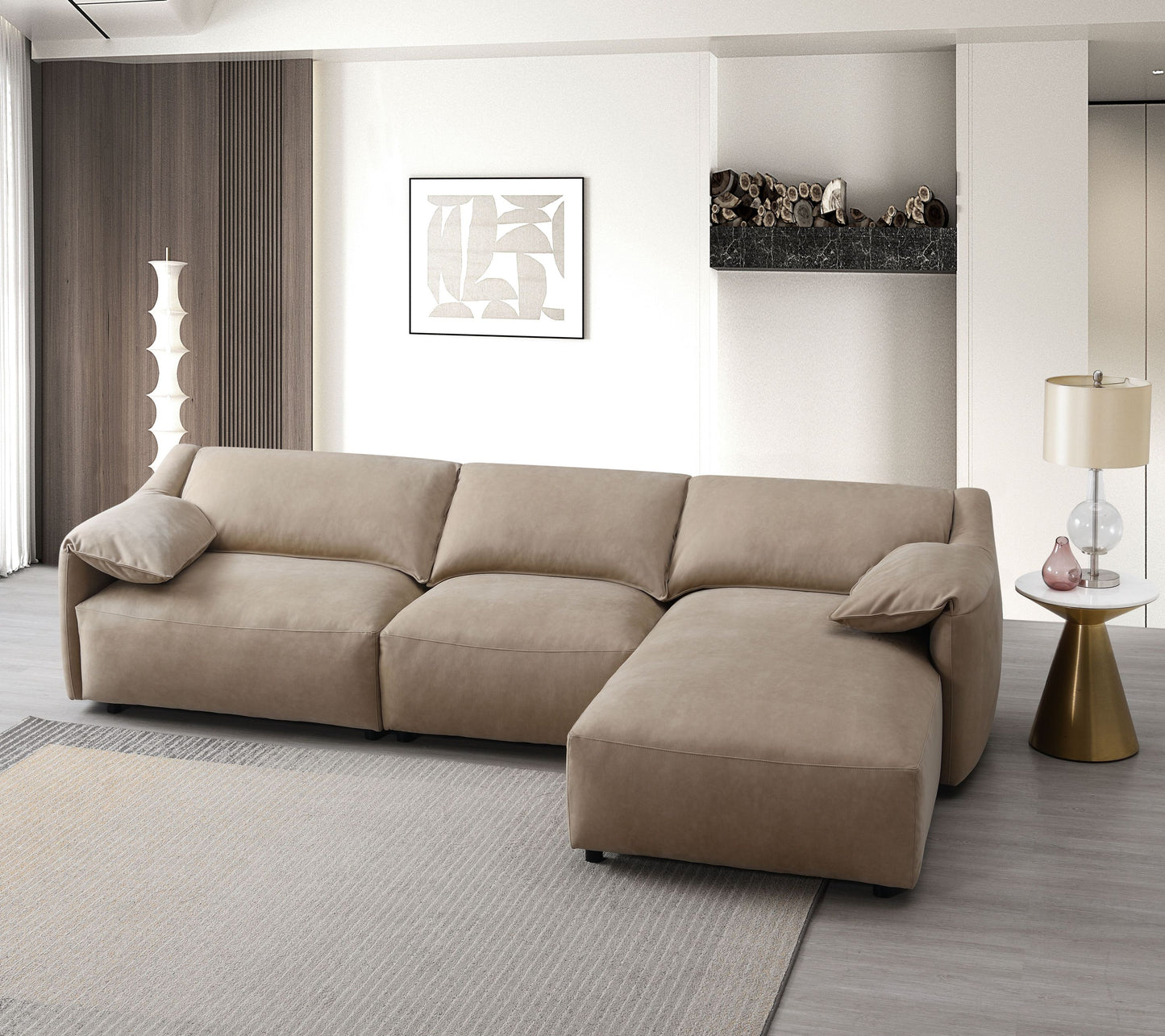 Light Brown Suede Sectional Sofa with Chaise – 127” Modern 3-Seat L-Shape Couch