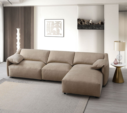 Light Brown Suede Sectional Sofa with Chaise – 127” Modern 3-Seat L-Shape Couch