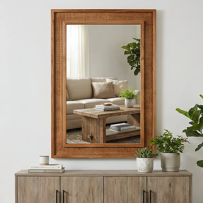 Yellowish Brown 20"x30" Rattan Rectangle Solid Wood Frame Decorative Mirror, for Farmhouse, Bathroom, Home Decor, Entryway