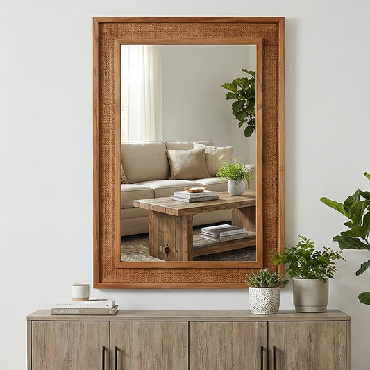 Yellowish Brown 20"x30" Rattan Rectangle Solid Wood Frame Decorative Mirror, for Farmhouse, Bathroom, Home Decor, Entryway
