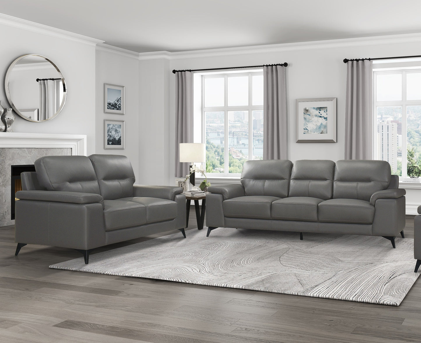Lorcan Dark Gray Leather Sofa & Loveseat Set – 2-Piece 88.75" Sofa and 66.75" Loveseat