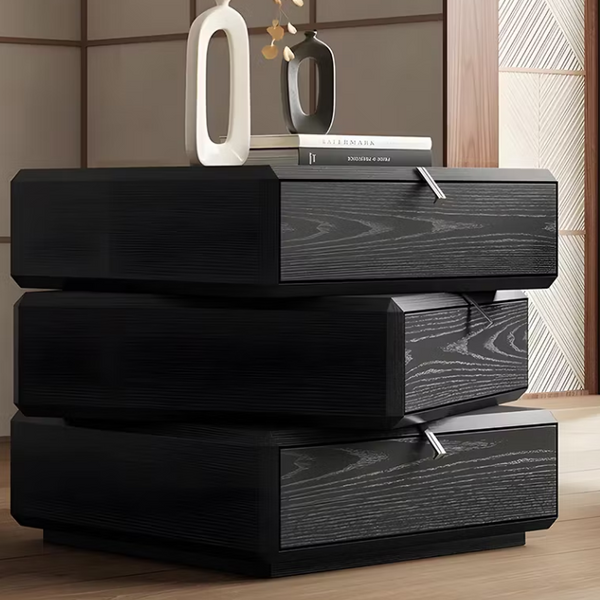 Joric Black Solid Wood Nightstand – Three-Drawer Bedside Table with Rotating Drawers