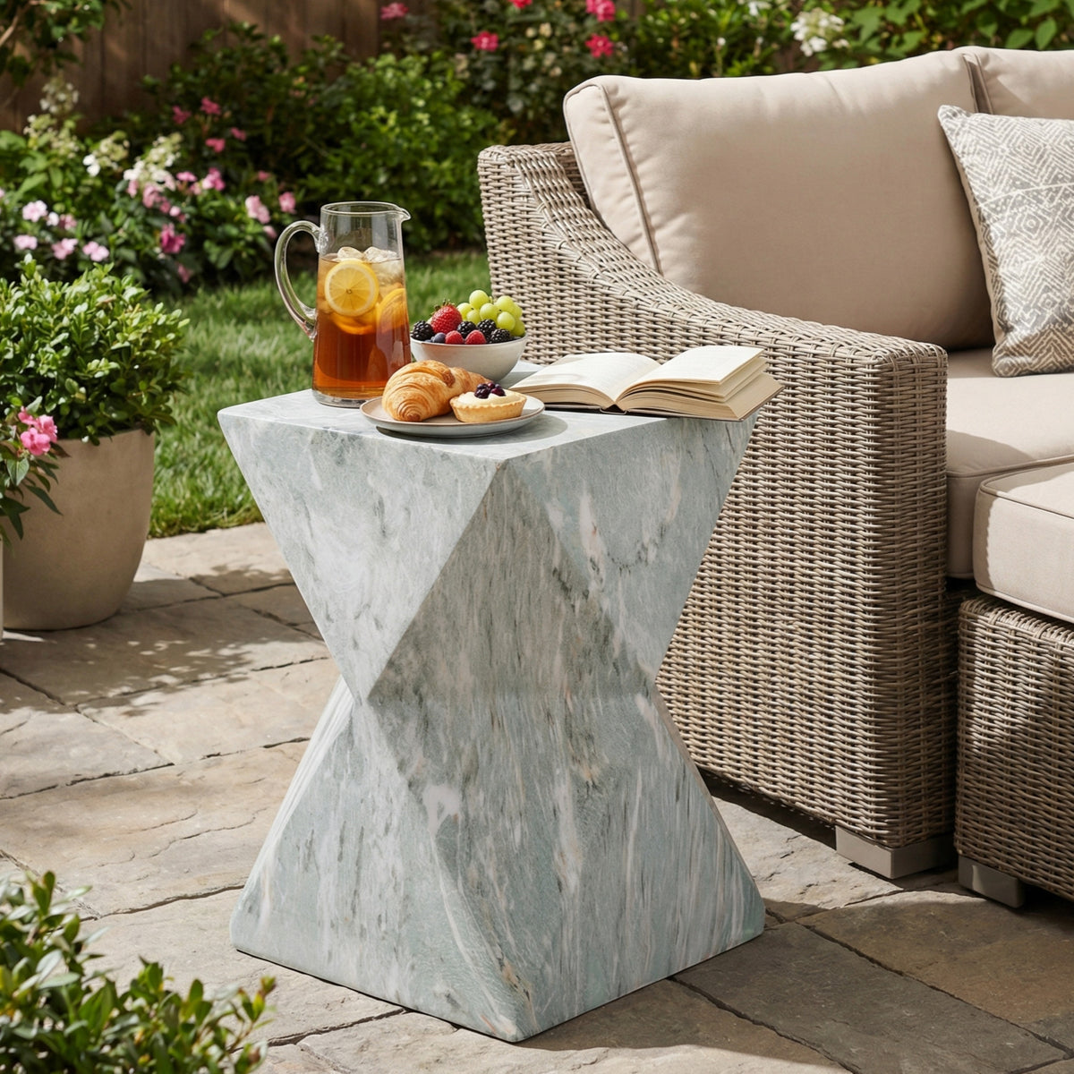 18.5'H Modern Geometric MGO Side Table, Hourglass Accent Table with Faux Marble Finish - Weather Resistant End Table for Indoor and Outdoor Use, Living Room, Bedroom & Patio, Green Marble