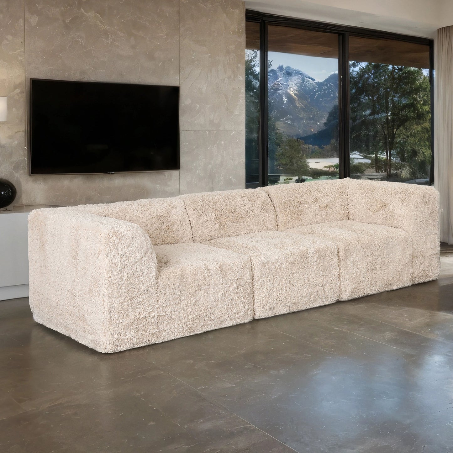 Fable Faux Fur Modular Sofa – 107" Sand Sectional, 2 Corner Wedges + Chair
