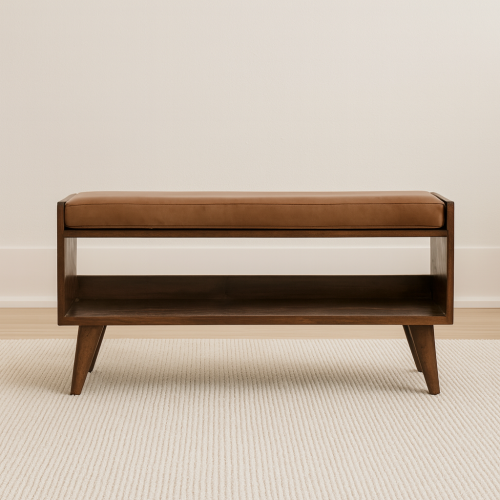 MCM Solid Mango Wood 2 Tier Leather Upholstered Bench 35" | Mid-Century Modern Bench
