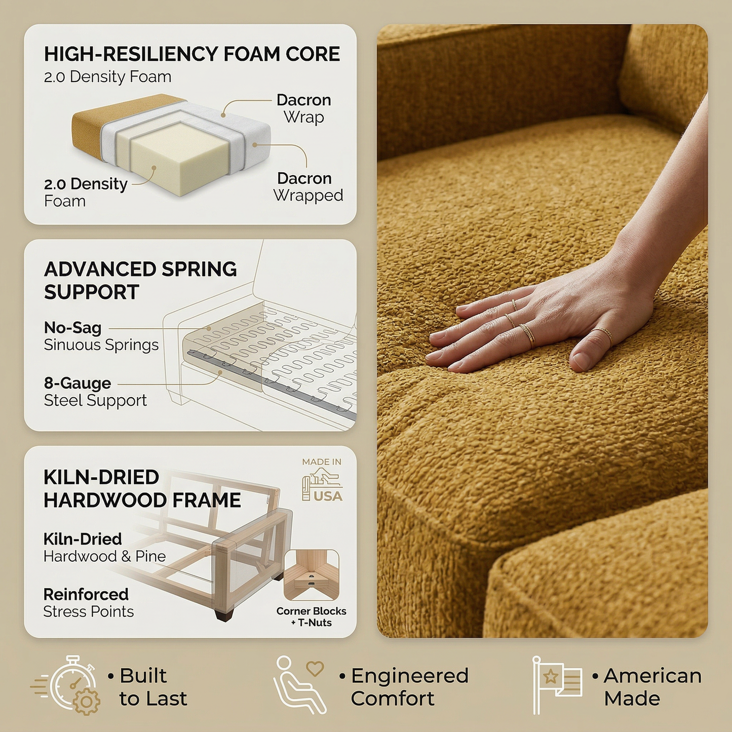 Clifford 2-Arm Sofa – Handcrafted in the USA, Custom Fabric Options - Yellow Hepburn Chai Tea - Fabric On Demand (8)