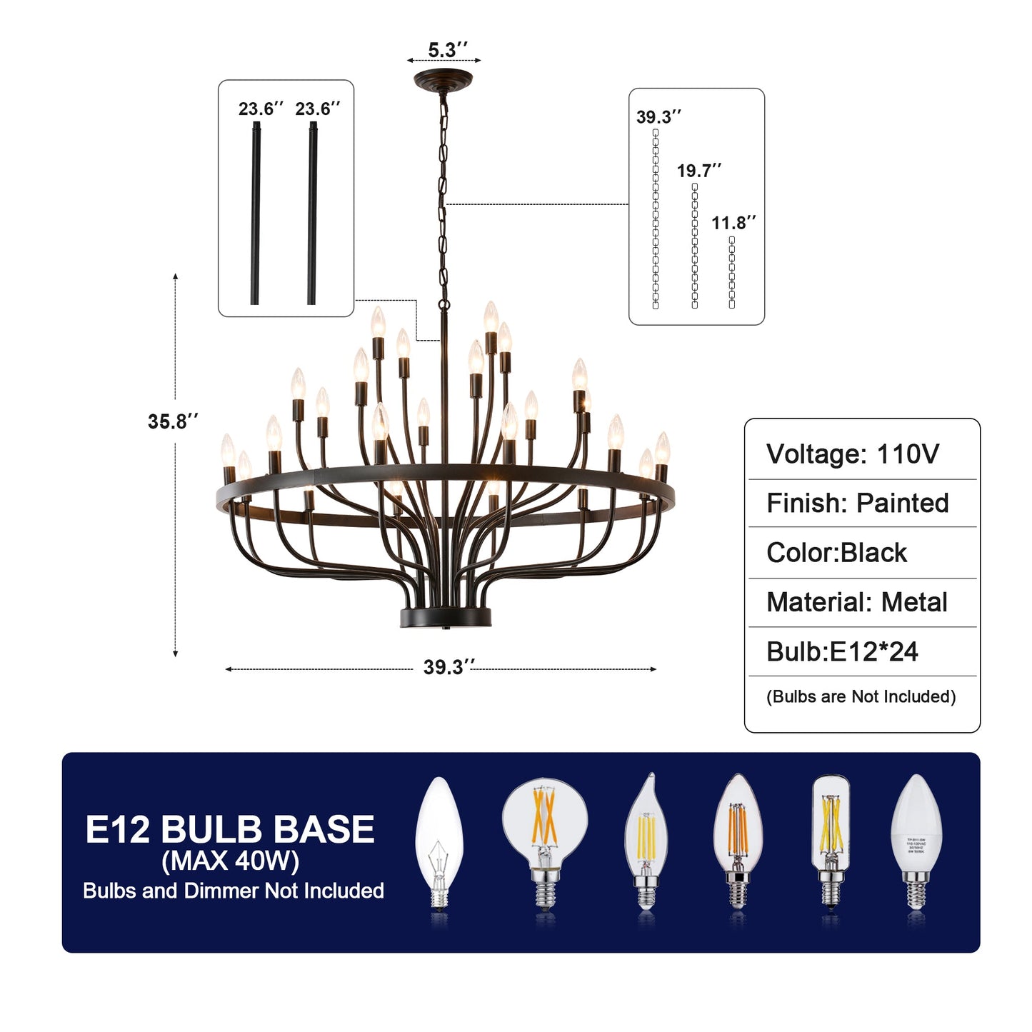 Daxton Black Iron 24-Light Chandelier 39.3 inch