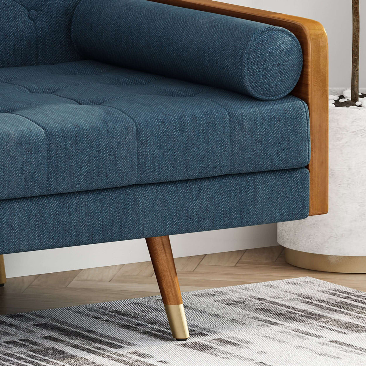 Modern Tufted Fabric Loveseat Sofa 72" – Compact 2-Seater Couch for Small Spaces featuring navy upholstery and wood accents.