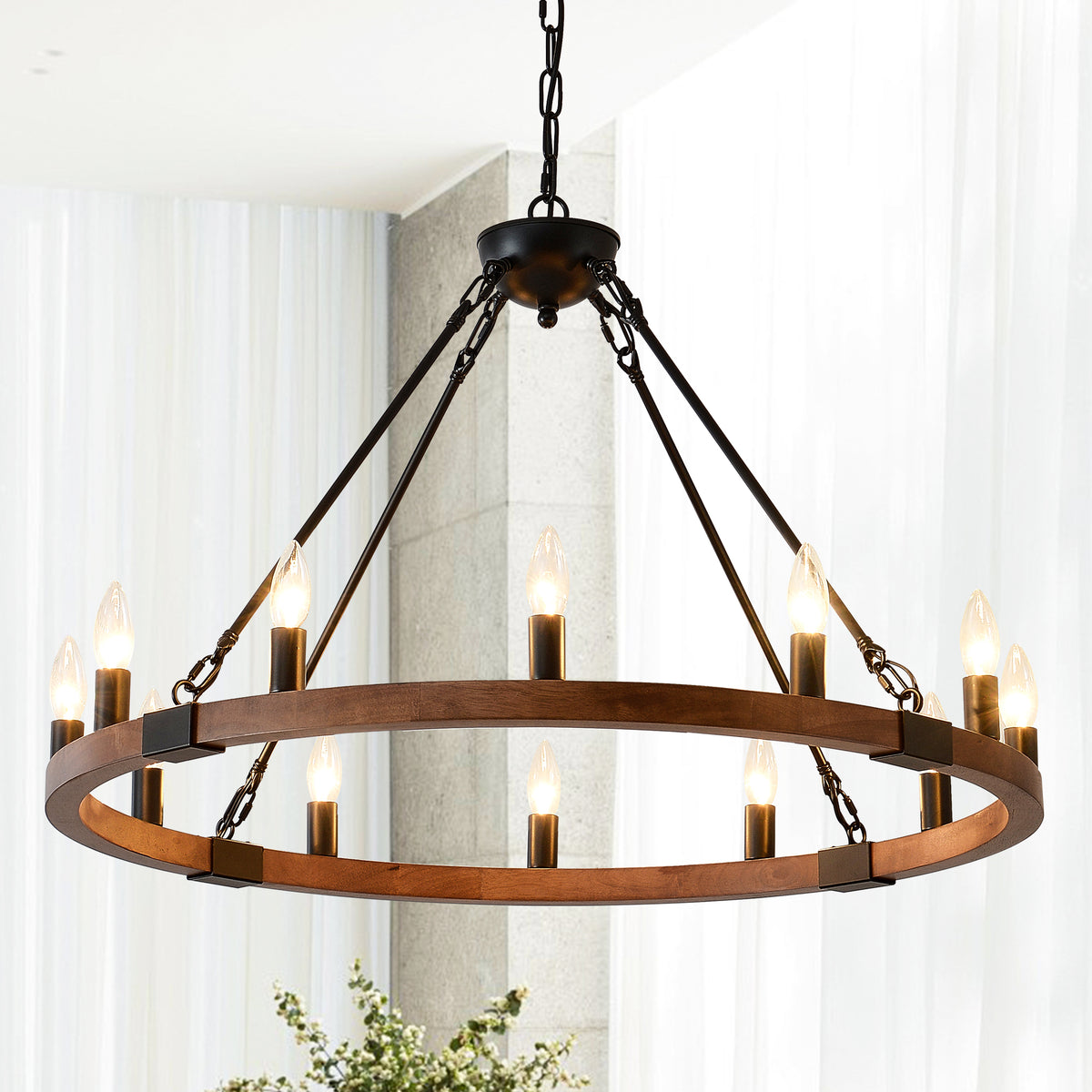 31.5 INCH Wood Wagon Wheel Chandelier Modern Farmhouse Pendant Light 12-Light Ceiling Hanging Lighting Fixtures Dining Room Kitchen Island Foyer--NO INCLUDED BULBS--WOOD + Matte Black
