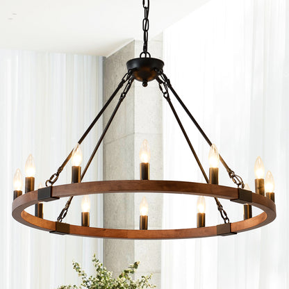 31.5 INCH Wood Wagon Wheel Chandelier Modern Farmhouse Pendant Light 12-Light Ceiling Hanging Lighting Fixtures Dining Room Kitchen Island Foyer--NO INCLUDED BULBS--WOOD + Matte Black