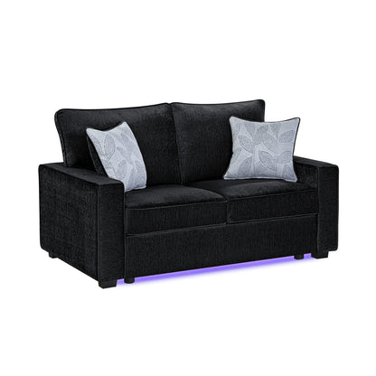 Rita Black Fabric Loveseat – LED Base-Lit Modern Loveseat With Block Legs