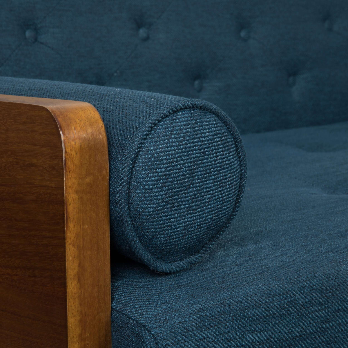 Modern Tufted Fabric Loveseat Sofa 72" – Compact 2-Seater Couch for Small Spaces with navy blue fabric and wood accents.