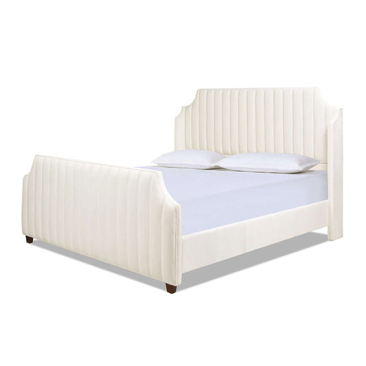 Addison Cloud White Velvet Channel Tufted King Bed Frame with winged headboard and soft finish for modern luxury.