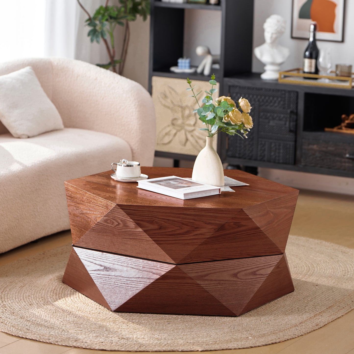 Maxim Reddish Brown Flip-Top Storage Coffee Table – 36.6" Polygon Drum Coffee Table
