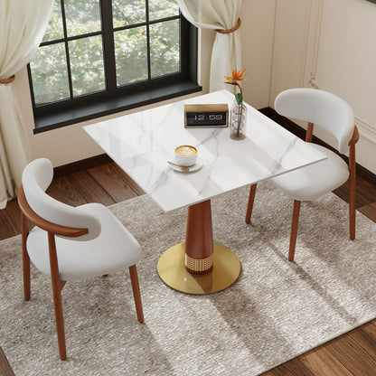 Prescott White Sintered Stone Dining Table – 33.5" Walnut Rattan Pedestal Table for 2