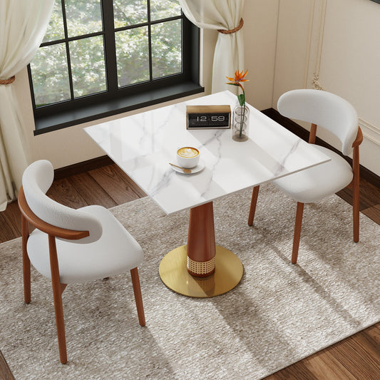 Prescott White Sintered Stone Dining Table – 33.5" Walnut Rattan Pedestal Table for 2