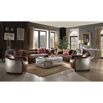 Brancaster Retro Brown Top-Grain Leather & Aluminum Living Room Set w/ Coffee Table – 4-Piece Sofa, Loveseat, Chair & Table Set