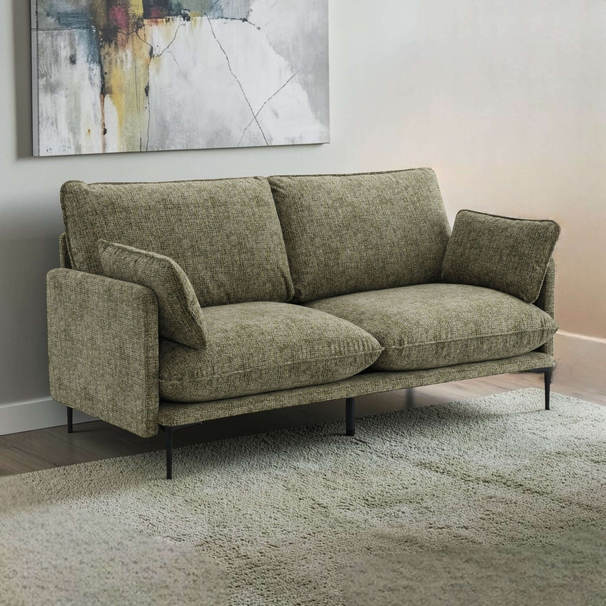 Dalton Green Fabric Loveseat – 75” Modern 2-Seat Sofa with Tufting & Pillows in a stylish living room setting.
