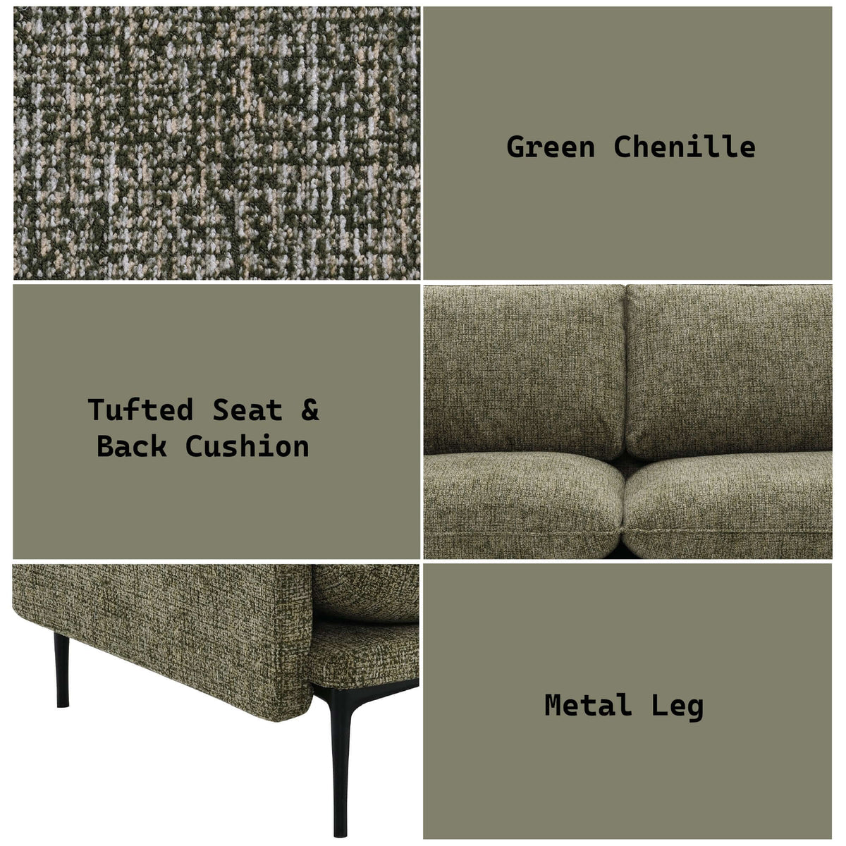 Dalton Green Fabric Loveseat – 75” Modern 2-Seat Sofa with Tufting & Pillows detailing green chenille fabric and metal legs.