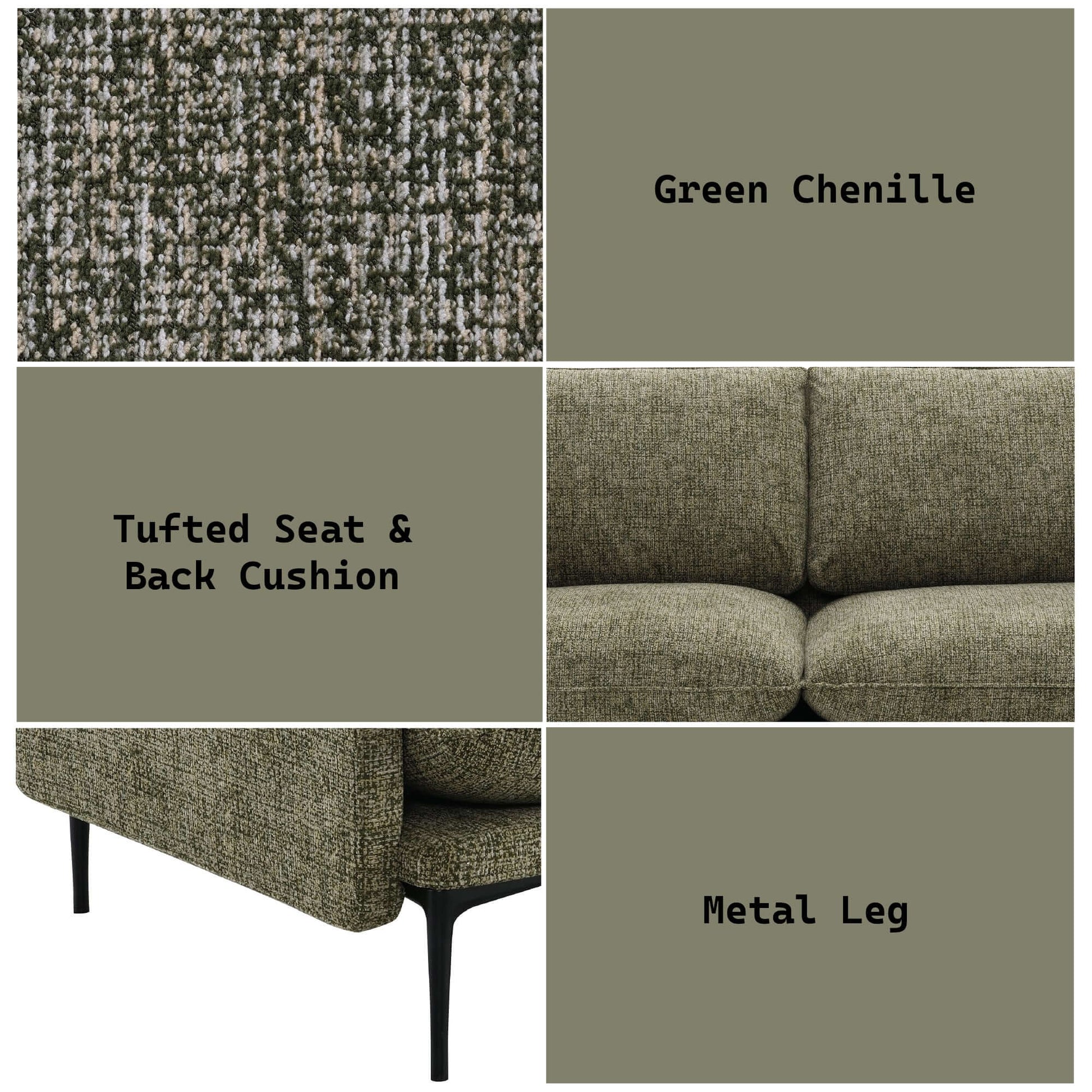 Dalton Green Fabric Loveseat – 75” Modern 2-Seat Sofa with Tufting & Pillows detailing green chenille fabric and metal legs.