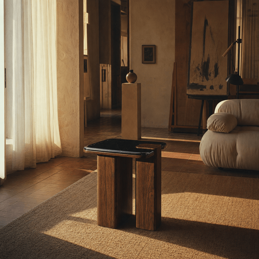 Dana Natural Marble Top & Dark Walnut End Table w/Natural Marble in a cozy living room setting.