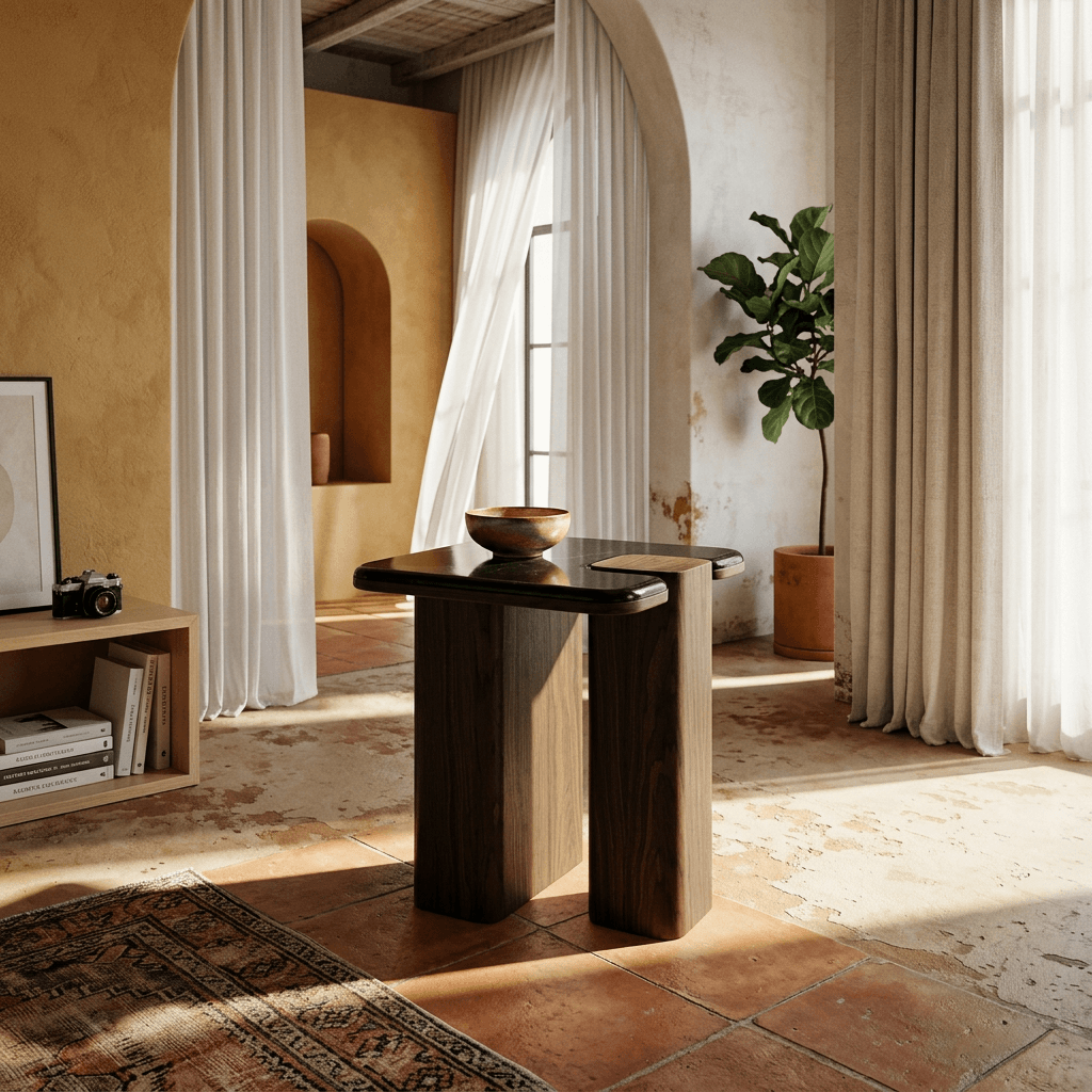 Dana Natural Marble Top & Dark Walnut End Table w/Natural Marble in a stylish room setting with natural light.