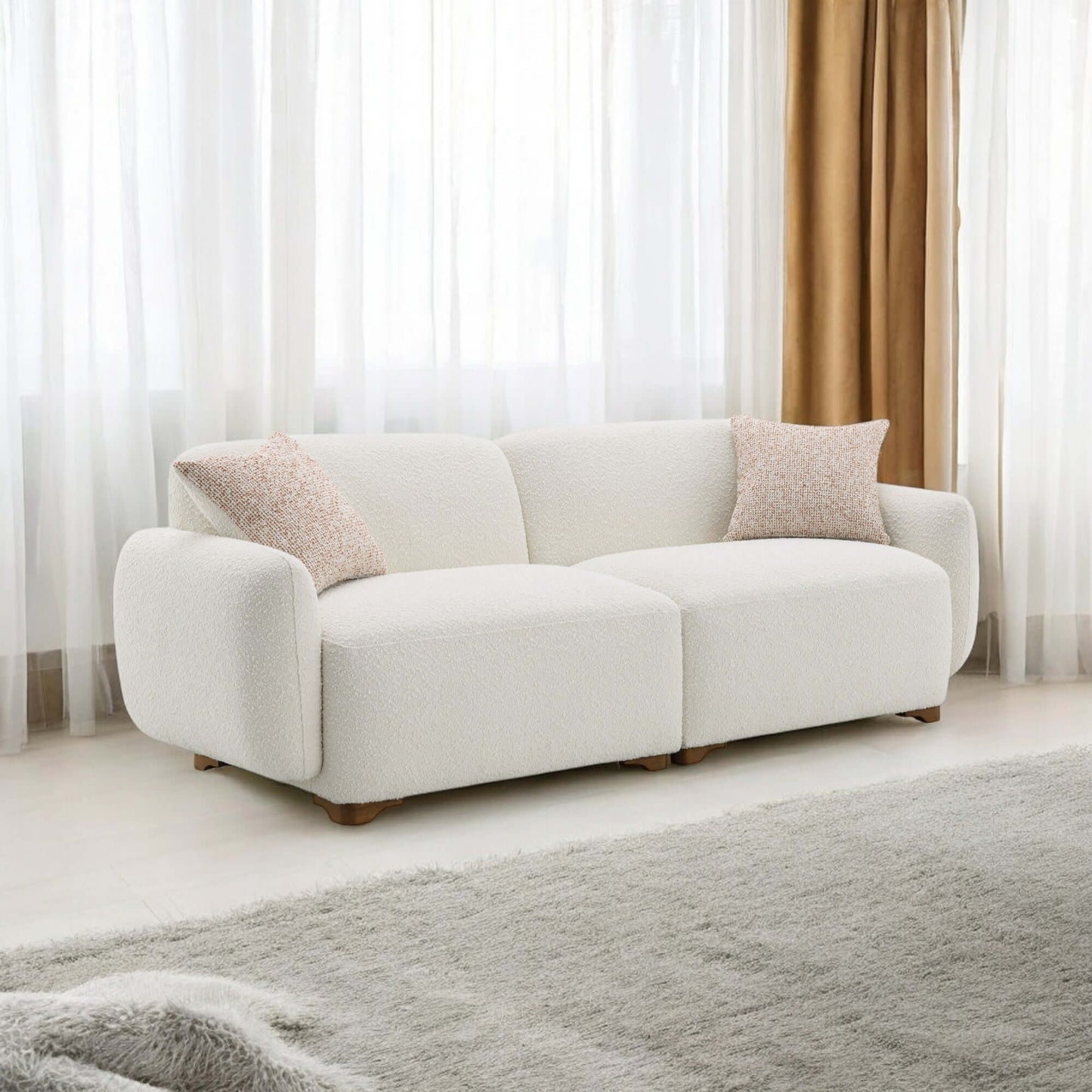 Beige Boucle Sofa with 2 Throw Pillows 88L