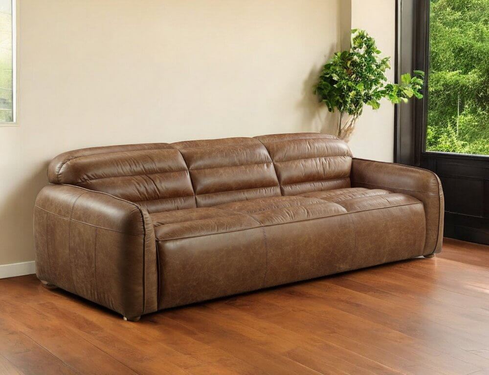 Dark Brown Top Grain Leather Sofa with Black Legs | 95" Contemporary Leather Couch in a stylish living room setting.