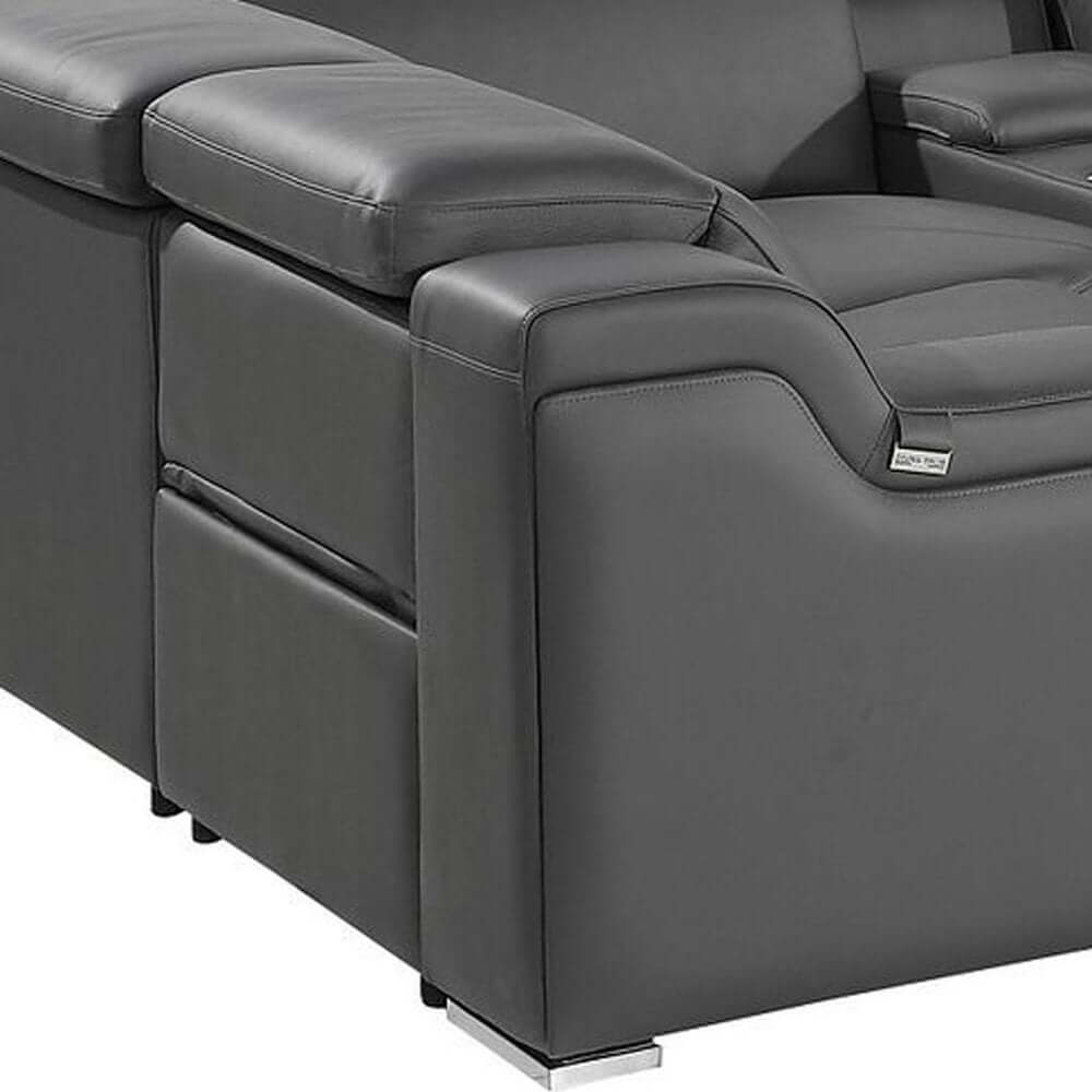 Dark Gray Italian Leather Power Reclining U Shaped Eight Piece Corner Sectional With Console close-up of armrest and console.