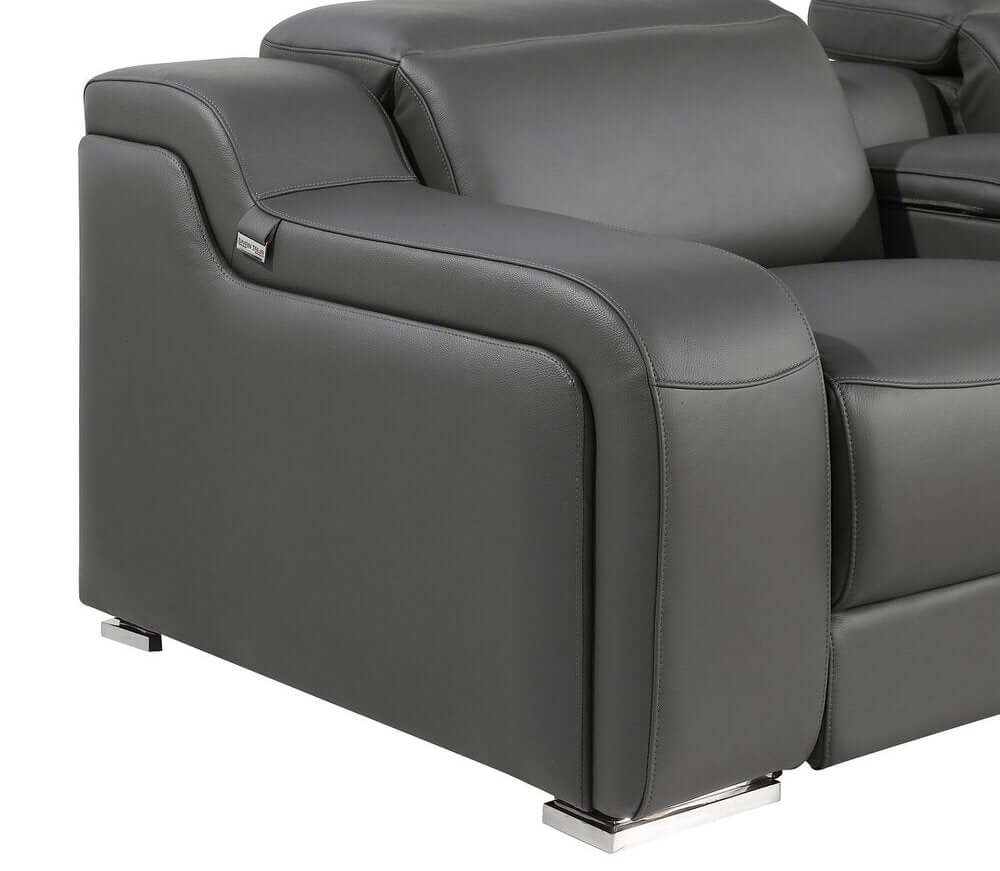 Dark Gray Italian Leather Power Reclining U Shaped Eight Piece Corner Sectional With Console close-up of corner armrest.