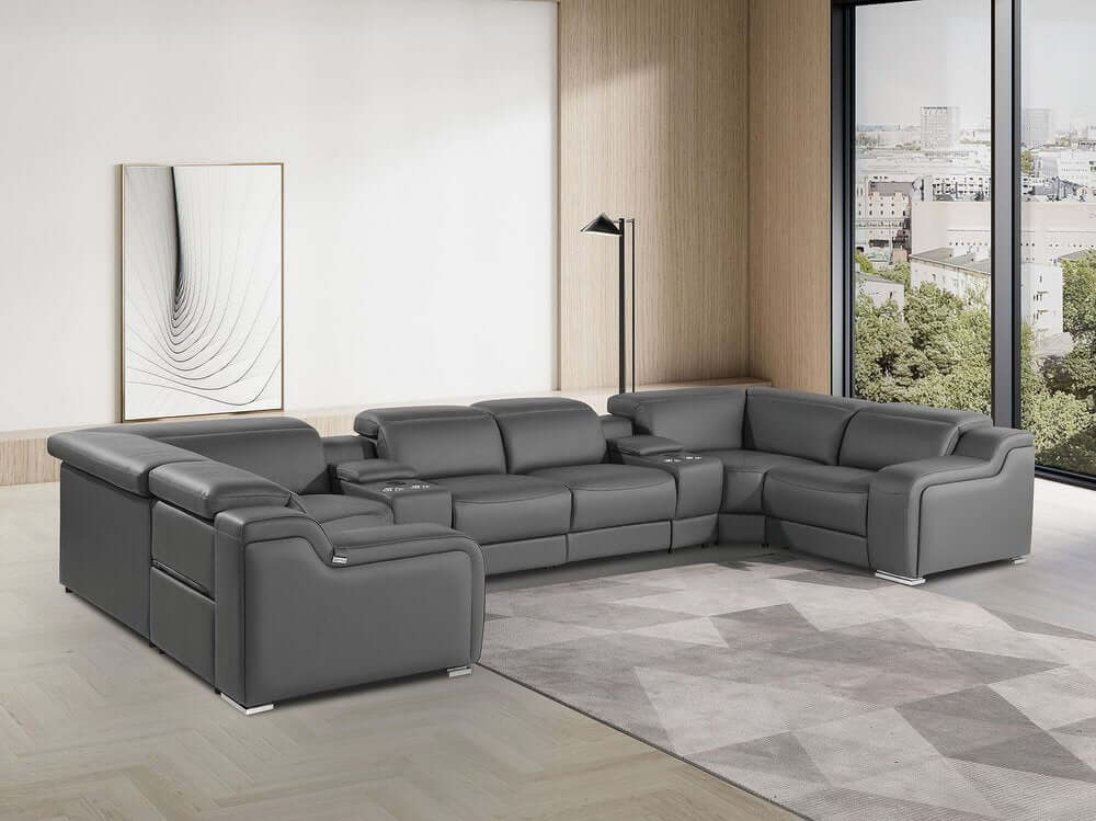 Dark Gray Italian Leather Power Reclining U Shaped Eight Piece Corner Sectional With Console in modern living room setting.