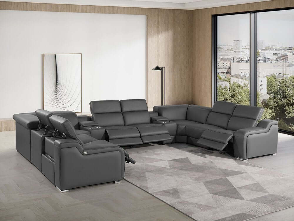 Dark Gray Italian Leather Power Reclining U Shaped Ten Piece Corner Sectional With Console in modern living room setting.