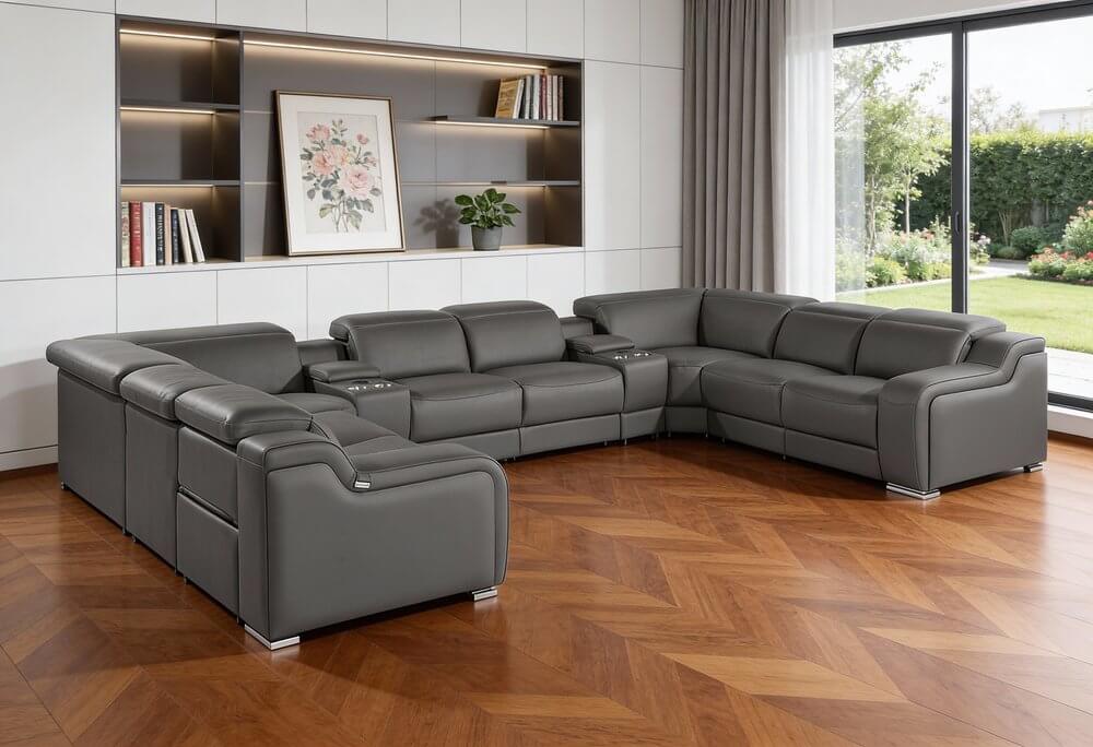 Dark Gray Italian Leather Power Reclining U Shaped Ten Piece Corner Sectional With Console in modern living room