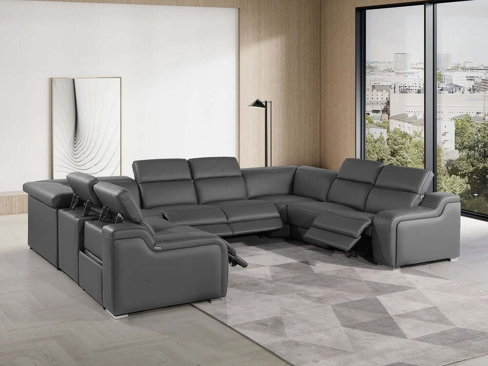 Dark Gray Italian Leather Power Reclining U Shaped Eight Piece Corner Sectional With Console in modern living room.