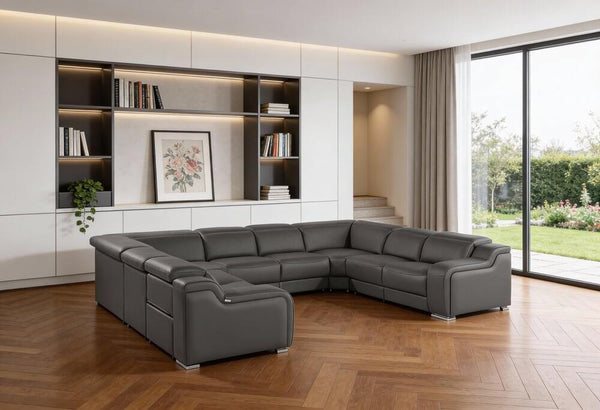 Dark Gray Italian Leather Power Reclining U Shaped Eight Piece Corner Sectional With Console in modern living room.