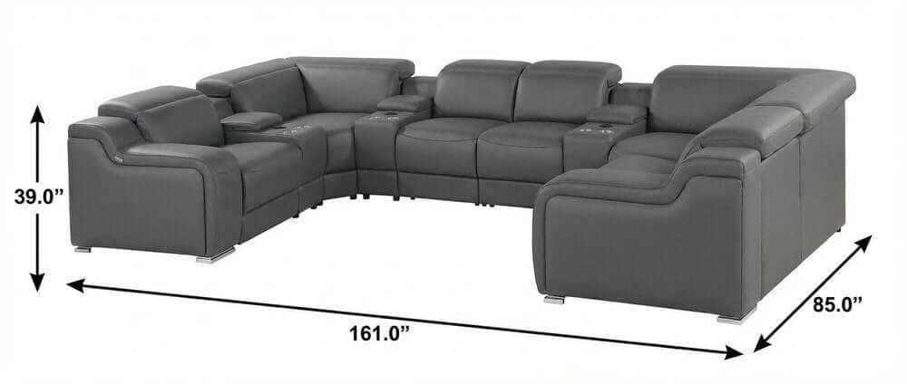 Dark Gray Italian Leather Power Reclining U Shaped Eight Piece Corner Sectional With Console dimensions and design view