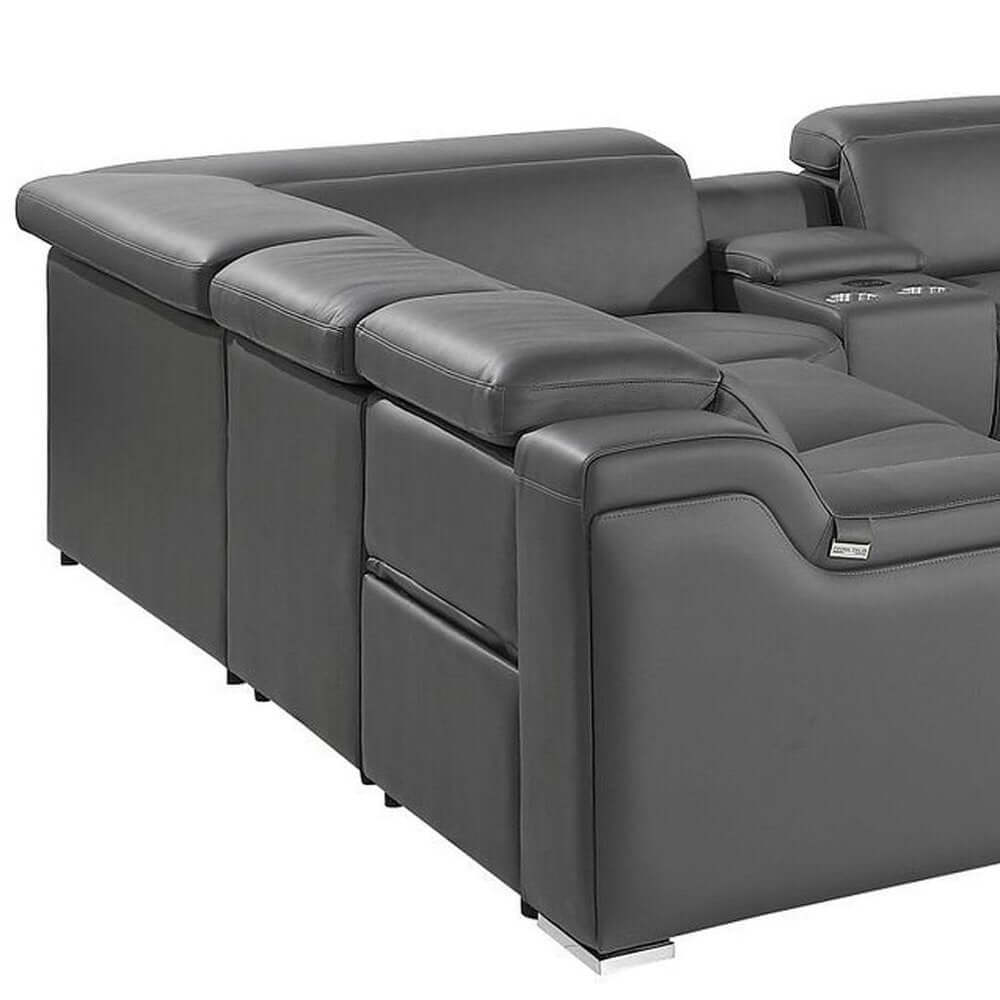 Dark Gray Italian Leather Power Reclining U Shaped Ten Piece Corner Sectional With Console corner view featuring plush seating.