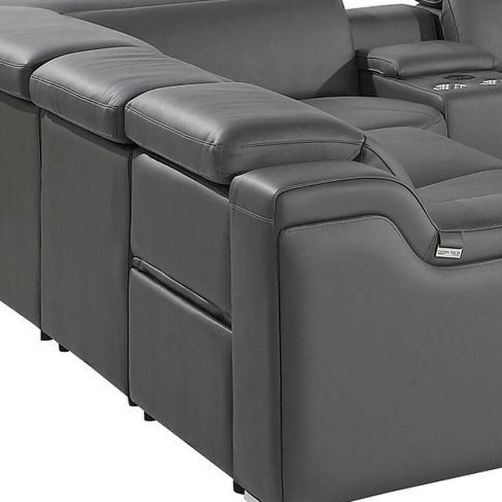Dark Gray Italian Leather Power Reclining U Shaped Ten Piece Corner Sectional With Console side view showing plush cushions and arm.