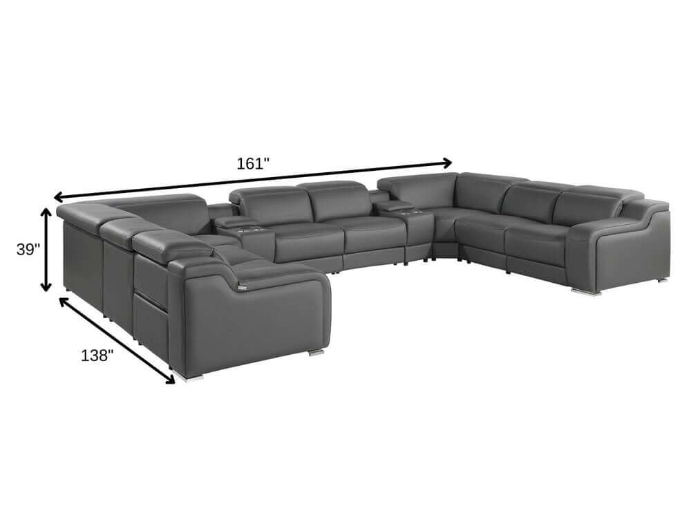 Dark Gray Italian Leather Power Reclining U Shaped Ten Piece Corner Sectional With Console dimensions 161 x 138 x 39 inches