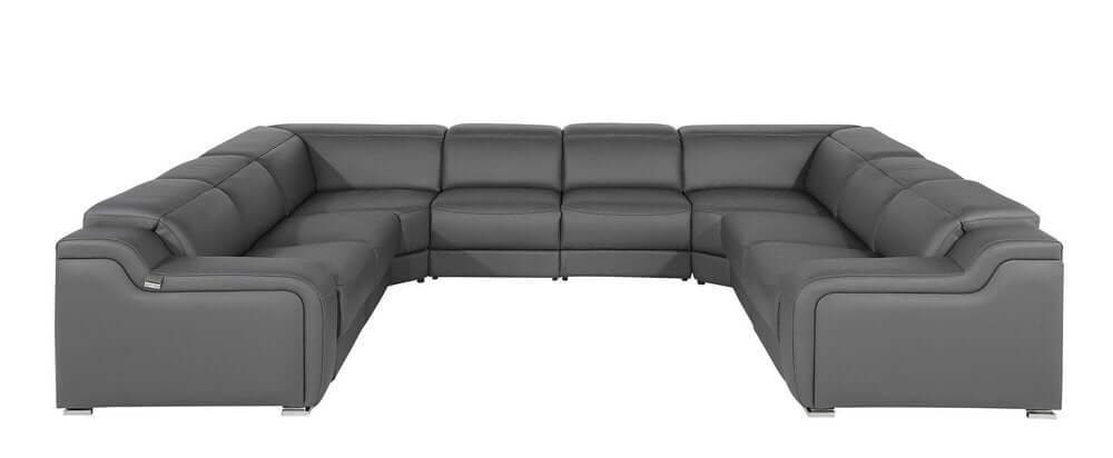 Dark Gray Italian Leather Power Reclining U Shaped Eight Piece Corner Sectional With Console