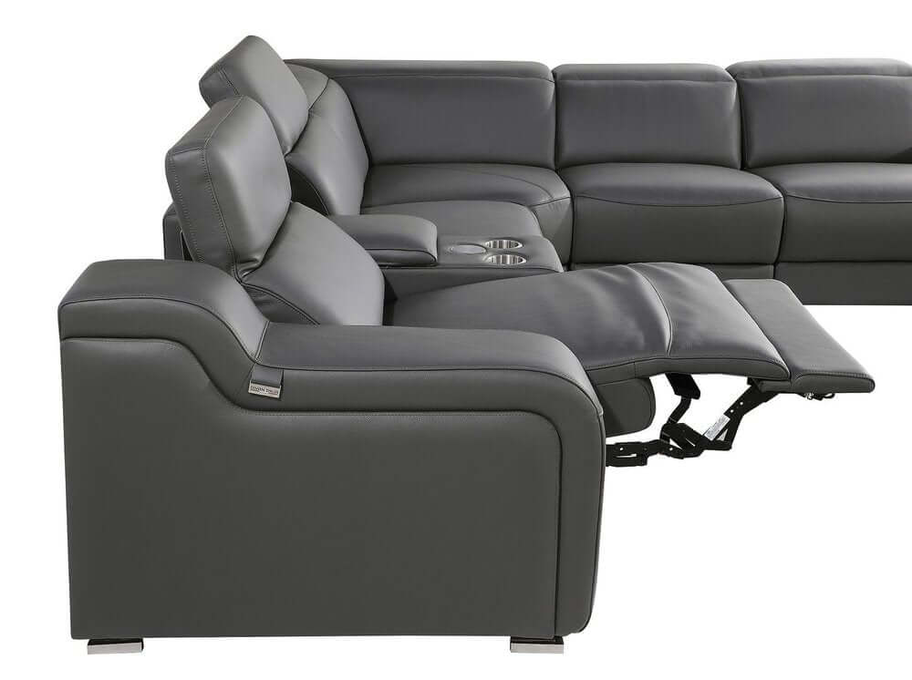 Dark Gray Italian Leather Power Reclining U Shaped Eight Piece Corner Sectional With Console side view showing reclining feature.